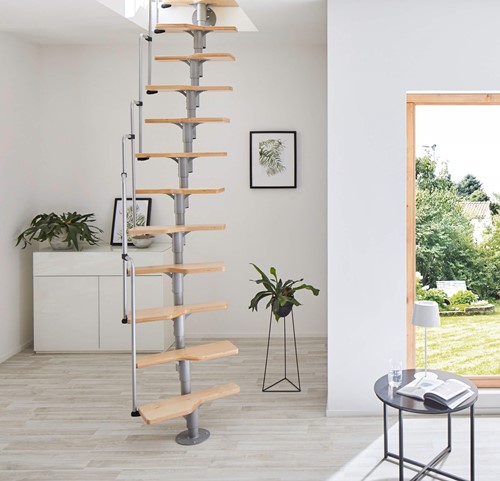 Ruimtebesparende multi-inzetbare trap Twister - Grijs metaal met houten treden 