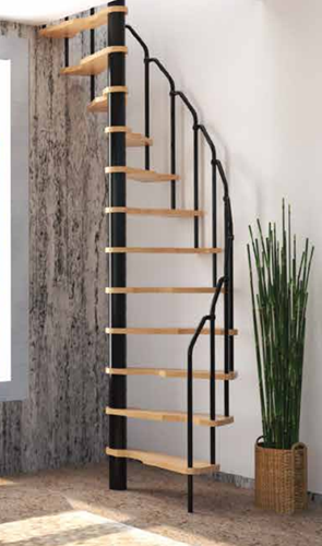 Escalier en colimaçon peu encombrant Jazz. Diamètre 120 cm. Métal avec marches en hêtre verni. Hauteur 299cm. Cage d'escalier 125 x 65 cm - Acier noir