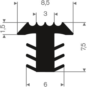 PVC infrees profiel zwart BxH=8,5x7,5mm. Rol van 25 meter