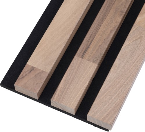 HANDYSTAIRS Panel acústico de listones de roble macizo con fieltro negro - 'Roble Nogal' - 2400x600x30mm-2